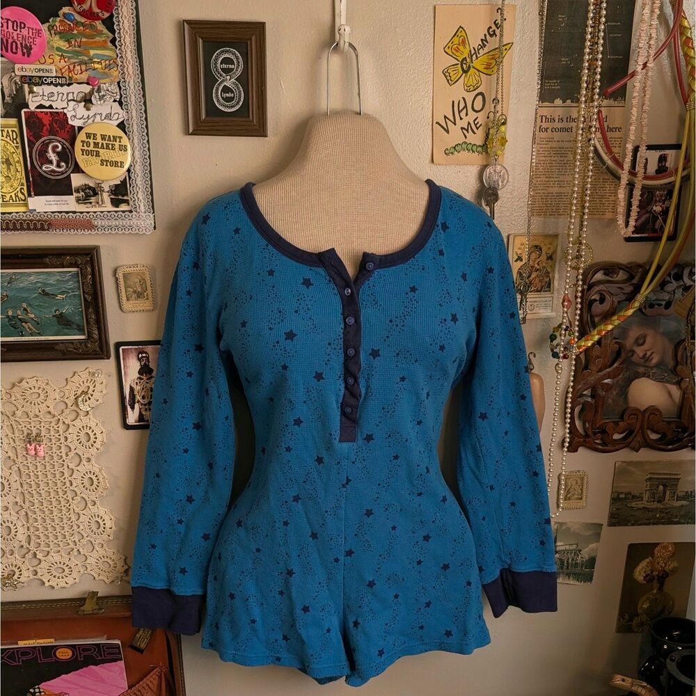 Vintage Henley Thermal Pajama Romper Women's Medium/Large Blue
